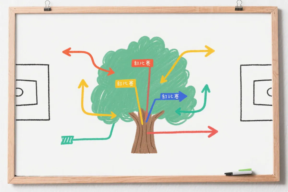 淘汰赛对阵树状图被手绘箭头连接，不同颜色标记强队路径的视觉