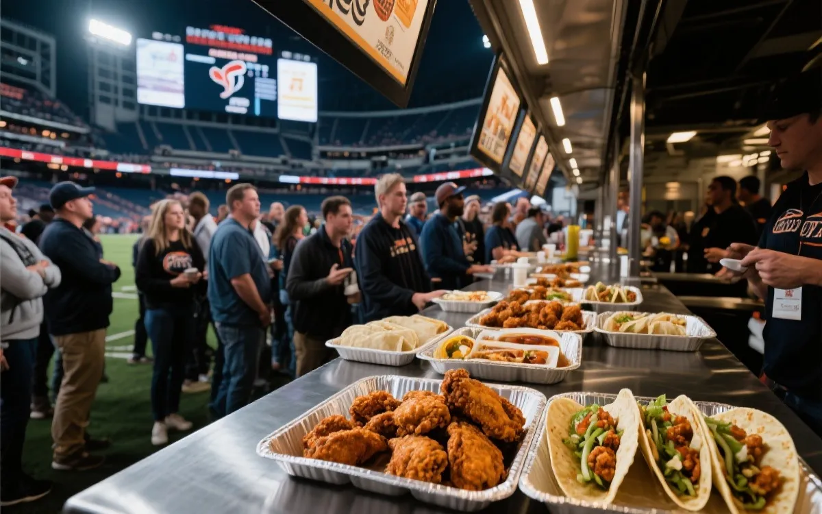 球场中场排队场景与美食摊位动线：球迷手持餐盒返回看台